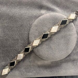 Vintage Sterling Silver Marcasite Mother of Pearl & Black Onyx Box Clasp